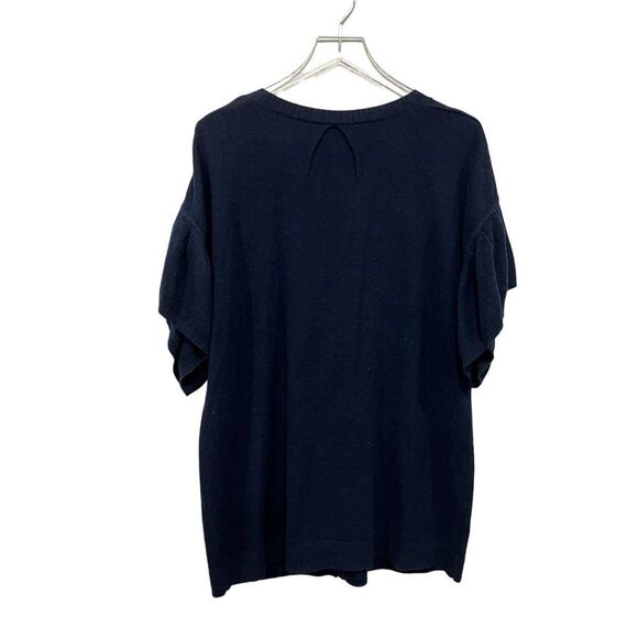BCBG Max Azria Sz L Lambswool Cardigan Flutter Short Sleeve V-neck Sweater Navy - Picture 6 of 7
